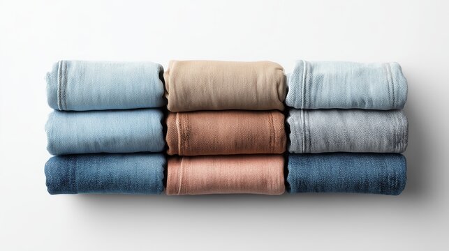 A stack of neatly folded jeans in pastel and denim shades on a light minimalist background. Studio shooting with soft diffused light and an emphasis on the texture of the fabric.