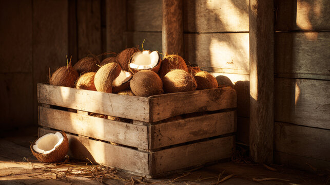 Wooden crate overflowing with whole and halved coconuts, rustic harvest in warm natural sunlight creating soft shadows