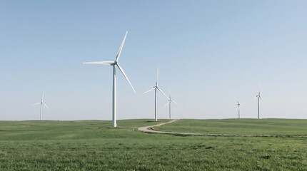Fototapeta premium Wind turbines standing tall in a green field under a clear blue sky, with a winding dirt path leading through the landscape