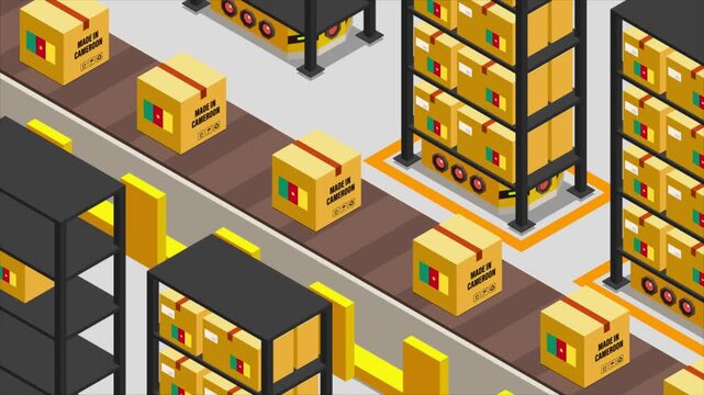 Smart Automated Warehouse System with Flag of CAMEROON, Modern Industrial Logistics and Supply Chain Animation