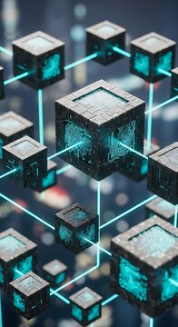 Abstract digital network of glowing cubes with internal circuitry connected by luminous blue lines representing data flow and futuristic technology concepts
