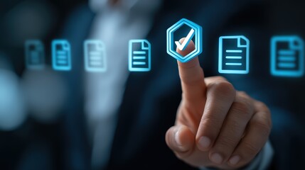 Obraz premium A person's finger selecting a checkmark on a digital interface representing document verification and data validation processes for business and compliance.