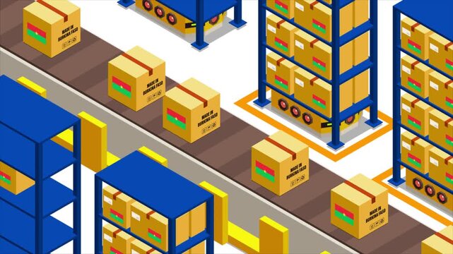 Smart Automated Warehouse System with Flag of Burkina Faso, Modern Industrial Logistics and Supply Chain Animation