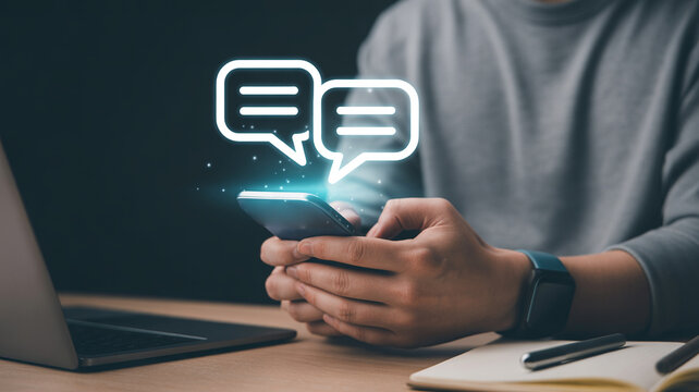 Person holding smartphone with chat icons floating above screen on desk with laptop