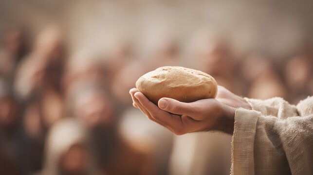 Hands of a follower of jesus holding a loaf of bread, symbolizing charity and faith
