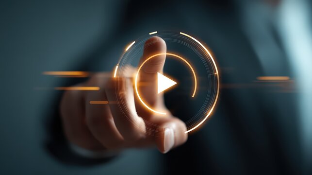 A hand pointing at a glowing play button concept for technology and media with a modern digital interface signifying action and start.