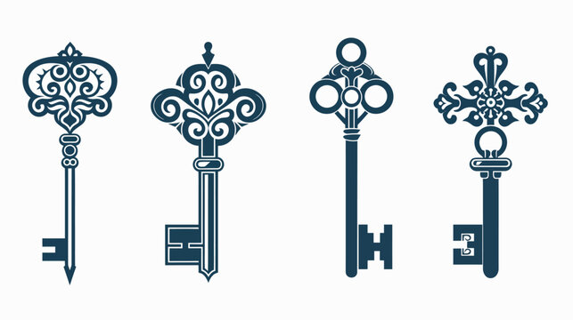 Four ornately decorated, vintage, blue keys on white. Elegant vector design elements