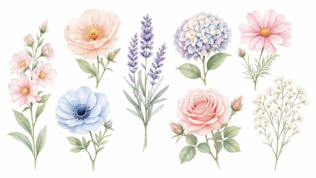 Collection of delicate watercolor illustrations featuring various blooming flowers and sprigs of greenery