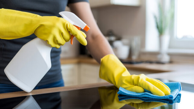 Person wearing yellow gloves cleaning a surface with a blue cloth and spray bottle in a kitchen