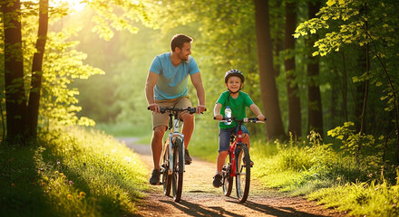 Naklejka premium Father, son riding bicycles, cycling in forest, family fun, outdoor activity