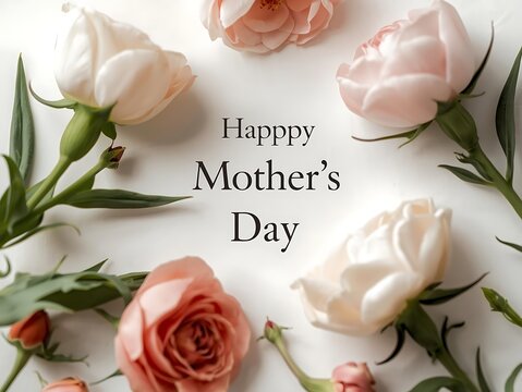 Happy mother's day surrounded by soft pink and white roses with mothers day flat lay floral art greeting celebration decoration romantic appreciation beautiful botanical arrangement