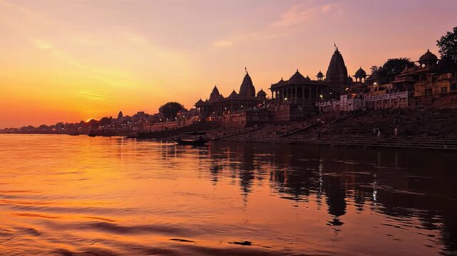 Ganga dussehra sunset over the sacred Ganges river and Varanasi ghats