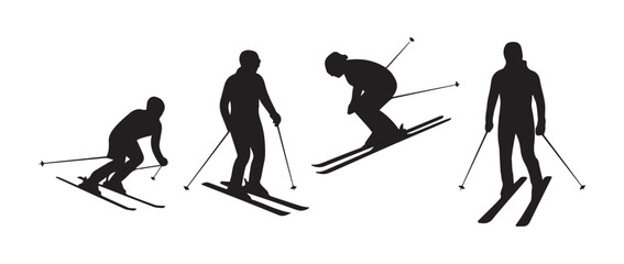 Naklejka premium Multiple silhouettes of a skier in various downhill motion poses for winter sports and mountain resort activities