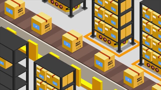 Smart Automated Warehouse System with Flag of SOMALIA, Modern Industrial Logistics and Supply Chain Animation