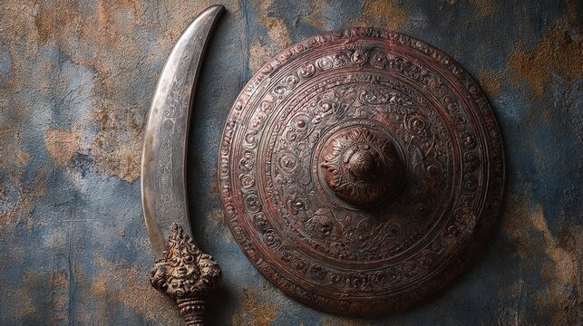 rajput. Traditional Rajput curved sword and shield with detailed metalwork on textured background. event programs, museum guides, designed for cultural heritage projects and event programs.