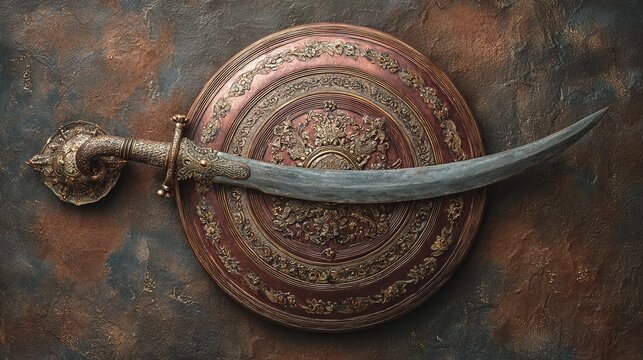 rajput. Traditional Rajput curved sword and shield with detailed metalwork on textured background. event programs, museum guides, designed for cultural heritage projects and event programs.