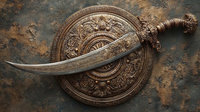 rajput. Traditional Rajput curved sword and shield with detailed metalwork on textured background. event programs, museum guides, designed for cultural heritage projects and event programs.