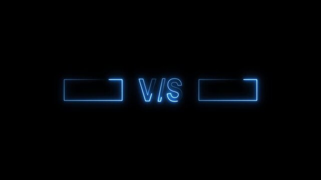 Blue neon VS text with empty boxes for competition. VS text versus battle. Blue neon VS text for gaming tournaments and professional competitive sports match up visuals.