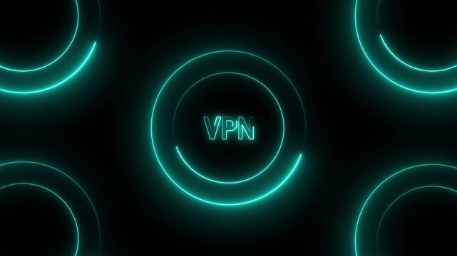 Glowing cyan neon circles with VPN text on black. VPN text virtual private network. Glowing cyan neon circles for secure internet connection and data privacy visualizations.