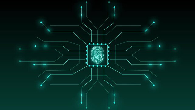 Digital fingerprint scanner integrated into circuit board. Fingerprint scanner biometric. Digital fingerprint scanner for high tech security and authorized access animations.
