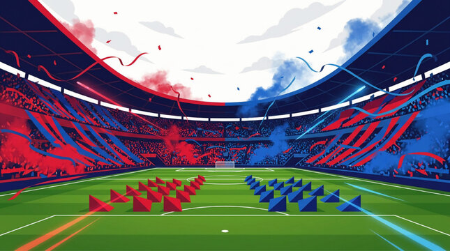 Dynamic soccer stadium with red and blue team fans