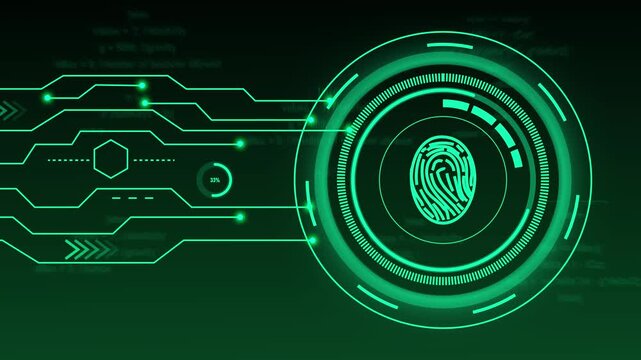 Digital fingerprint scanner with circuitry and code. Fingerprint scanner technology. Digital fingerprint scanner for cybersecurity and protected data access visualizations.