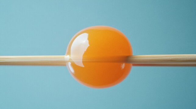 Macro shot of a single glistening egg yolk on a thin wooden skewer against a vibrant blue background