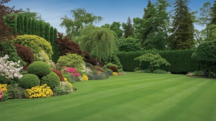 Obraz premium Lush green garden landscape with sculpted topiary and colorful azaleas