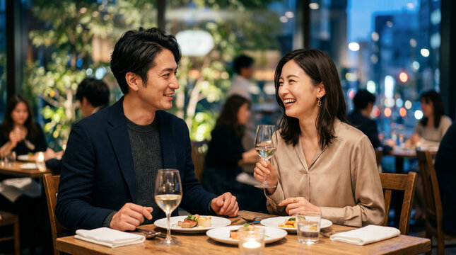 レストランで食事をする大人のカップル・夫婦・ディンクス 都会の暮らしを謳歌する