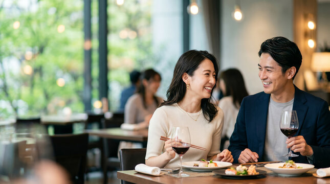 レストランで食事をする大人のカップル・夫婦・ディンクス 都会の暮らしを謳歌する