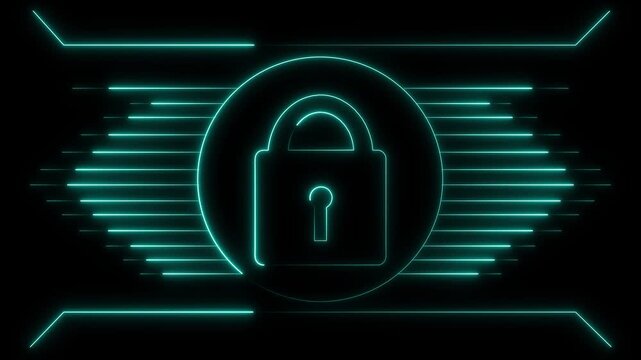 Cyan neon lock icon inside a circle with lines. Lock icon security technology. Cyan neon lock icon for encrypted network access and digital privacy protection visuals.