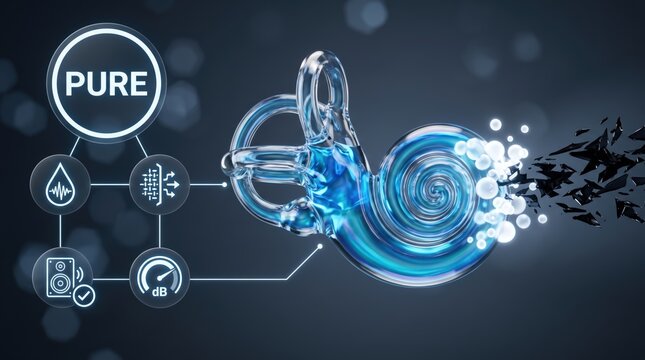 A glass cochlea with blue liquid dissolving dark noise into bubbles with icons, clean sound flow, tinnitus filtering, audio purification