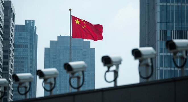 Surveillance cameras, Chinese flag, cityscape, urban security, modern architecture