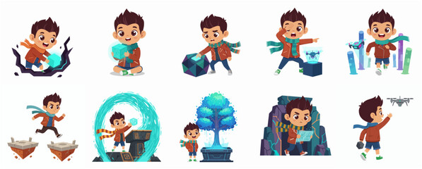 Fototapeta premium Pixel Art Character Boy Playing with Futuristic Technology and Magical Elements