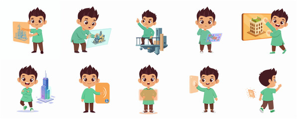 Obraz premium Cheerful Young Boy Character Engaged in Architectural Design and Construction Activities Collection