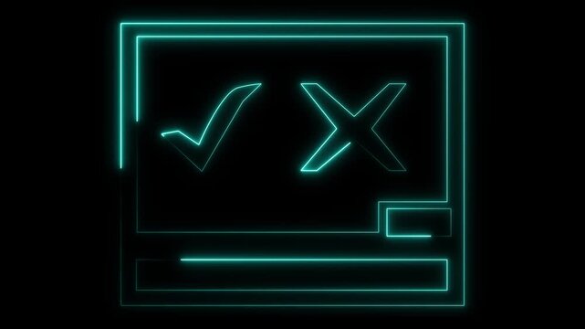 Neon cyan checkmark and cross icons on black. Checkmark and cross tick. Neon cyan checkmark and cross icons for successful approval and error rejection notification visuals.
