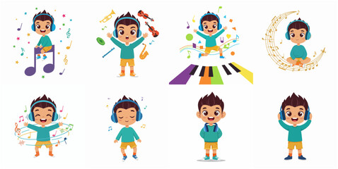 Fototapeta premium Cheerful Boy Enjoying Music with Headphones and Musical Notes in Various Poses and Settings