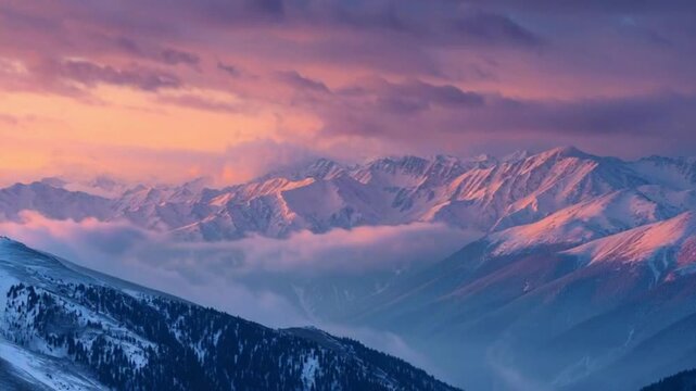 Sunrise Over Snow-Covered Mountain Range with Pink and Purple Sky