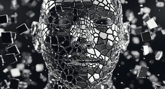 Abstract digital face made of reflective glass fragments with floating squares.
