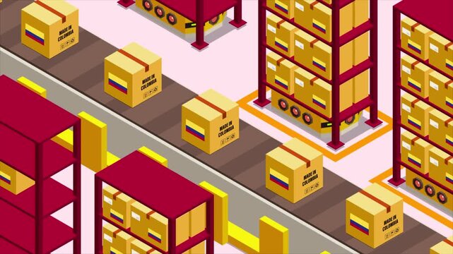 Smart Automated Warehouse System with Flag of COLOMBIA, Modern Industrial Logistics and Supply Chain Animation