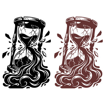 A high contrast graphic illustration of a cracked hourglass with sand flowing out symbolizing lost time and urgency for creative projects and conceptual designs