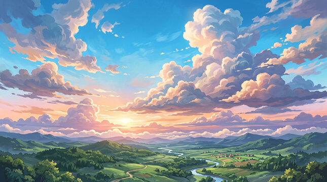 serene landscape with rolling hills and cloudy sunset