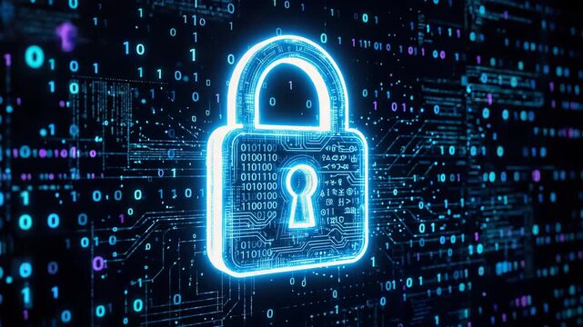 Digital padlock glowing in a high-tech cyberspace with binary code and data streams, cybersecurity concept, 4K.