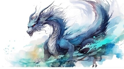 Fototapeta premium Azure Water Dragon Rising from Turquoise Waves in a Dreamlike Watercolor