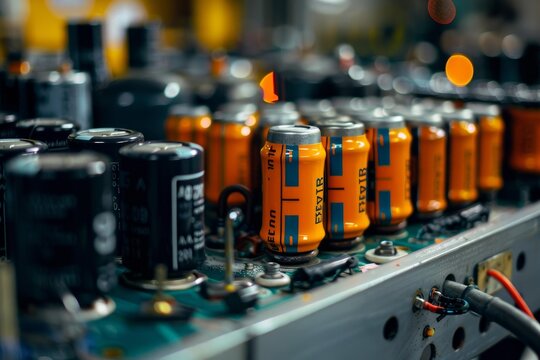 Close up of orange and black electrolytic capacitors and resistors on a green circuit board, highlighting electronic components in hardware