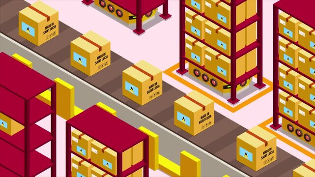 Smart Automated Warehouse System with Flag of SAINT LUCIA, Modern Industrial Logistics and Supply Chain Animation