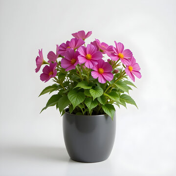 Potted Pink Flowers with Green Leaves in Dark Gray Pot on Icon White Background potted plant
