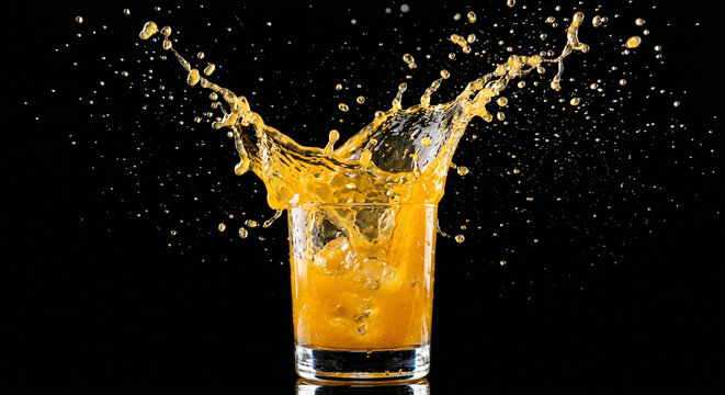 Energetic orange drink splash erupting from glass against solid black background thirst quencher high speed food photography liquid gold refreshing beverage action shot delicious studio shot