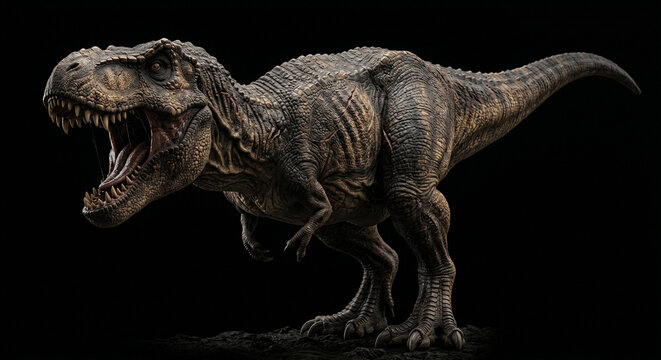 Realistic and detailed tyrannosaurus rex dinosaur roaring with open mouth majestic prehistoric creature standing on dark background t rex full body dinosaur prehistoric creature predator