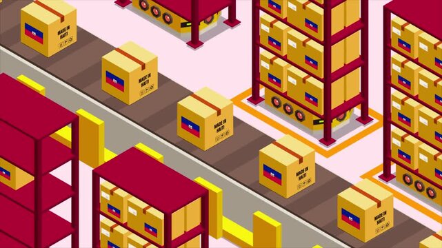 Smart Automated Warehouse System with Flag of HAITI, Modern Industrial Logistics and Supply Chain Animation